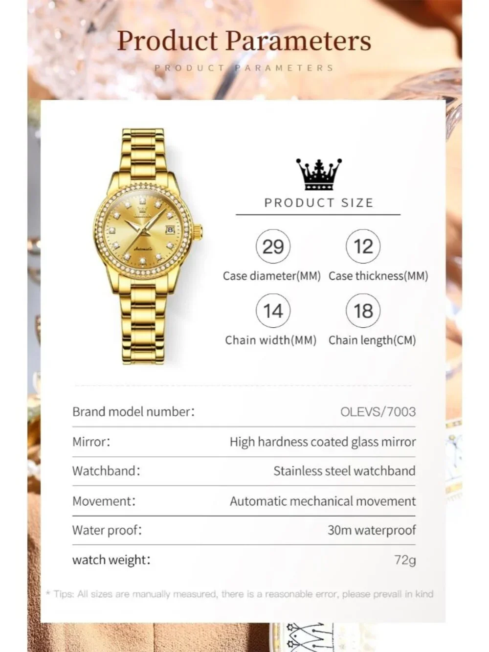 Women's Gold Automatic Diamond Luxury Mechanical Stainless Dress Wrist Watches